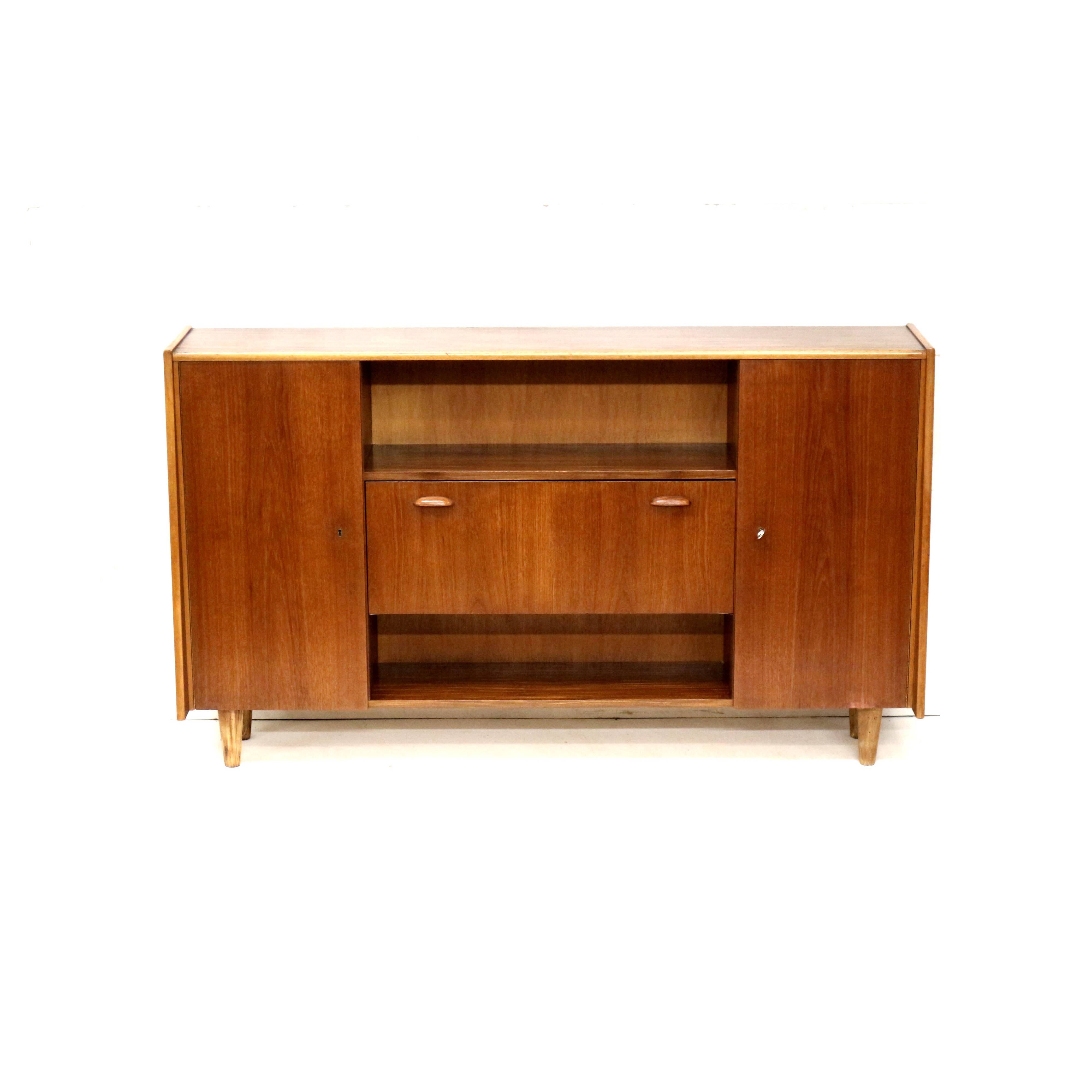 Vintage wall-mounted sideboard with teak wood flap made in the 1960s