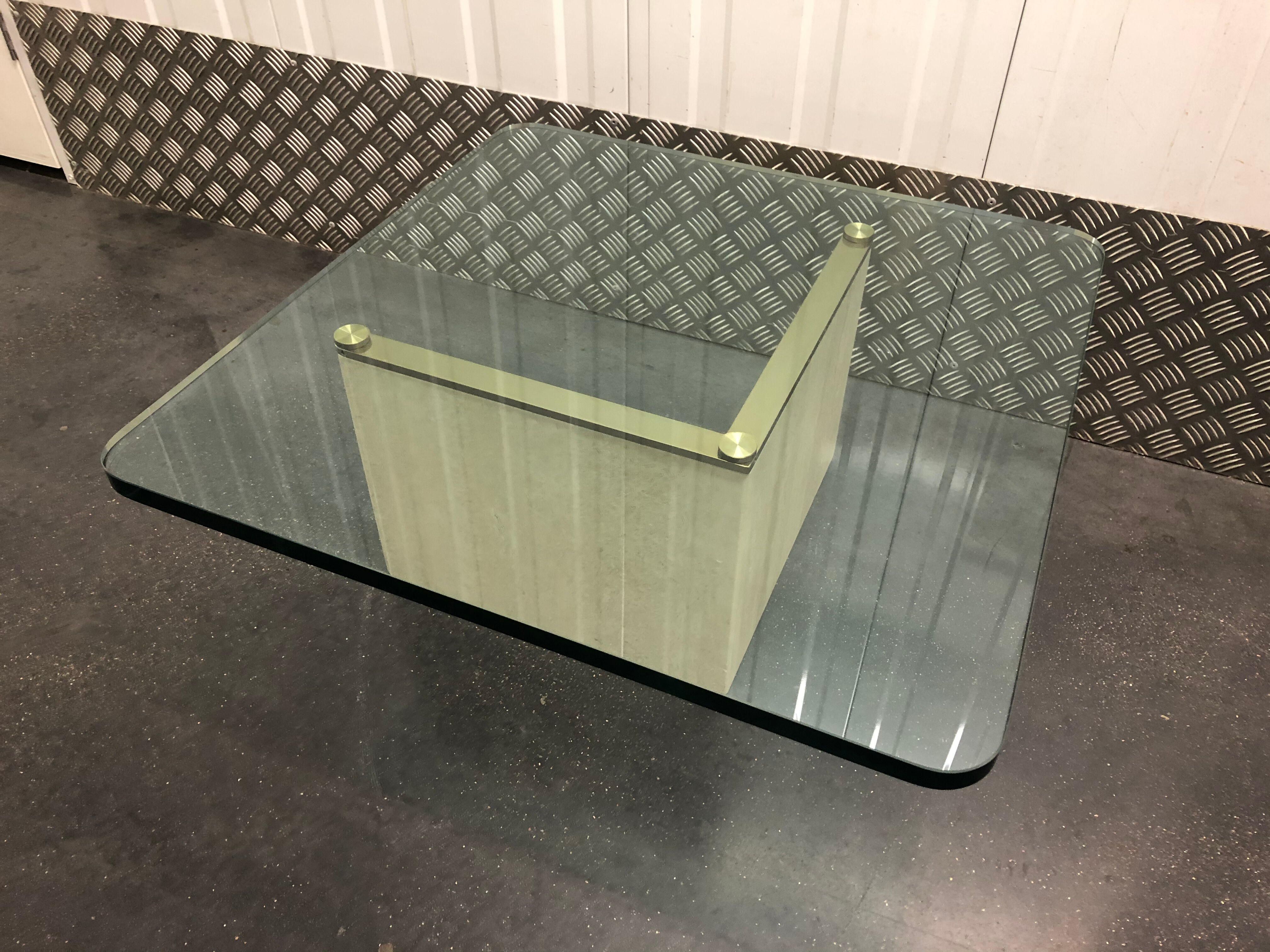 Square travertine vintage bass tabke and glass slab around 1970