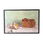 Oil on wood paper "Brioche and Banana" by "T. YOSAKI 05"