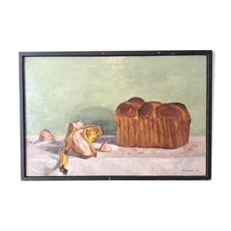 Huile sur papier sur bois "Pain brioché et Banane" par "T. YOSAKI 05"