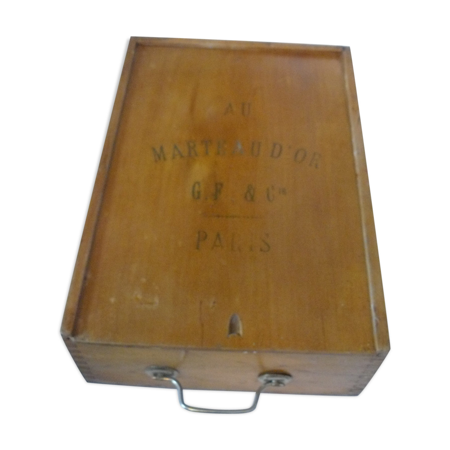 Wooden storage box marked "with a golden hammer"
