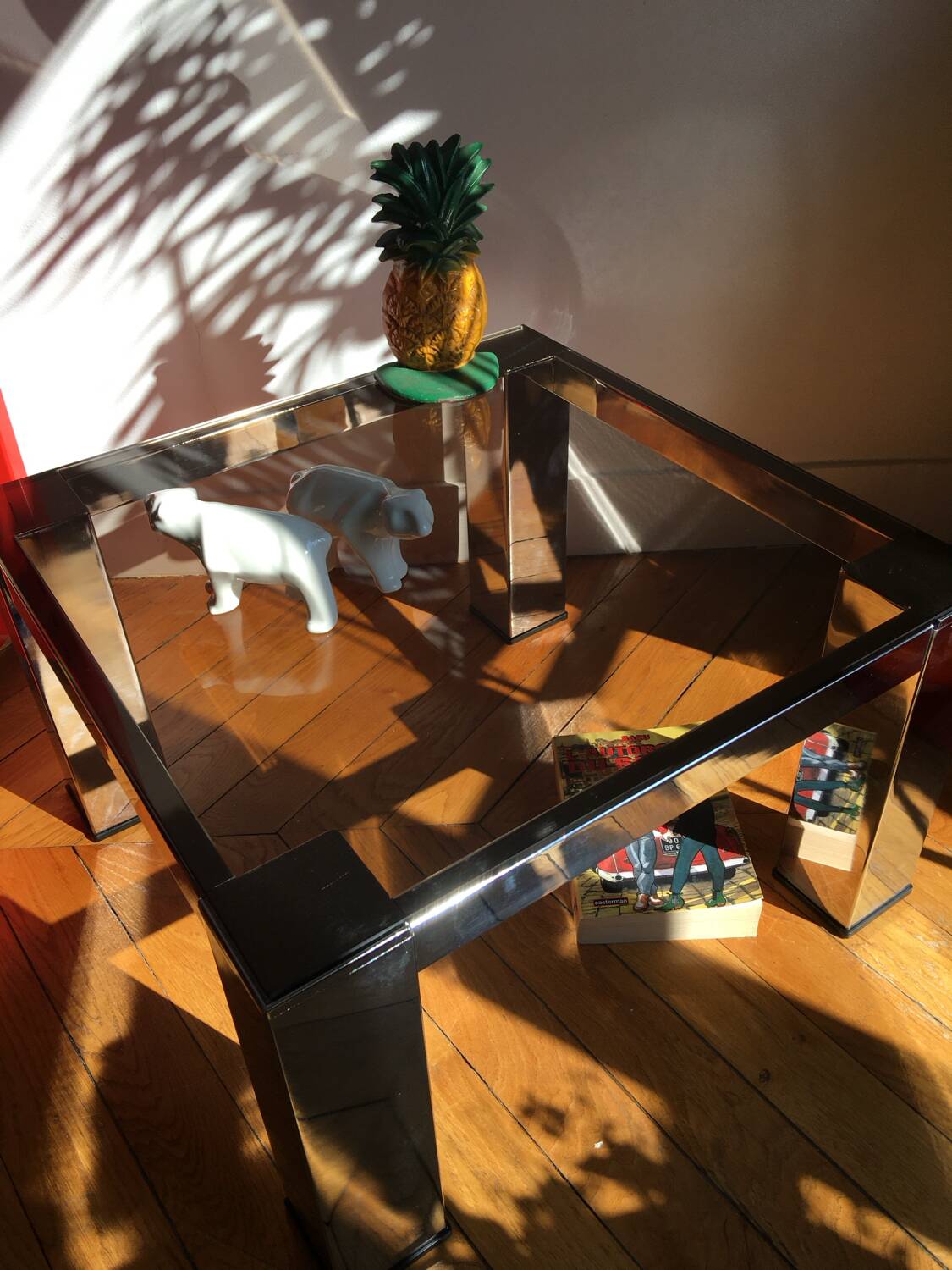 Chromed metal and smoked glass coffee table, 1980s.