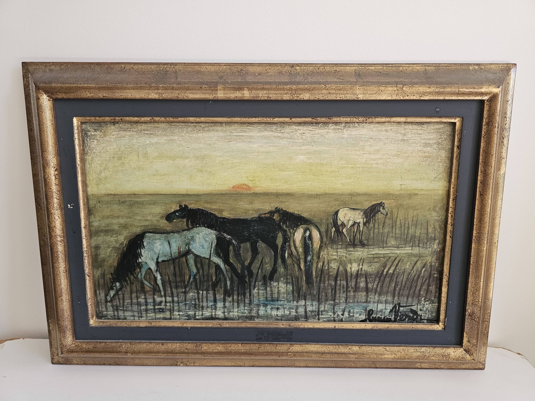 Oil on Panel, Barbizon School - Horses in the Meadow, Signed Lucien V