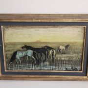 Oil on Panel, Barbizon School - Horses in the Meadow, Signed Lucien V