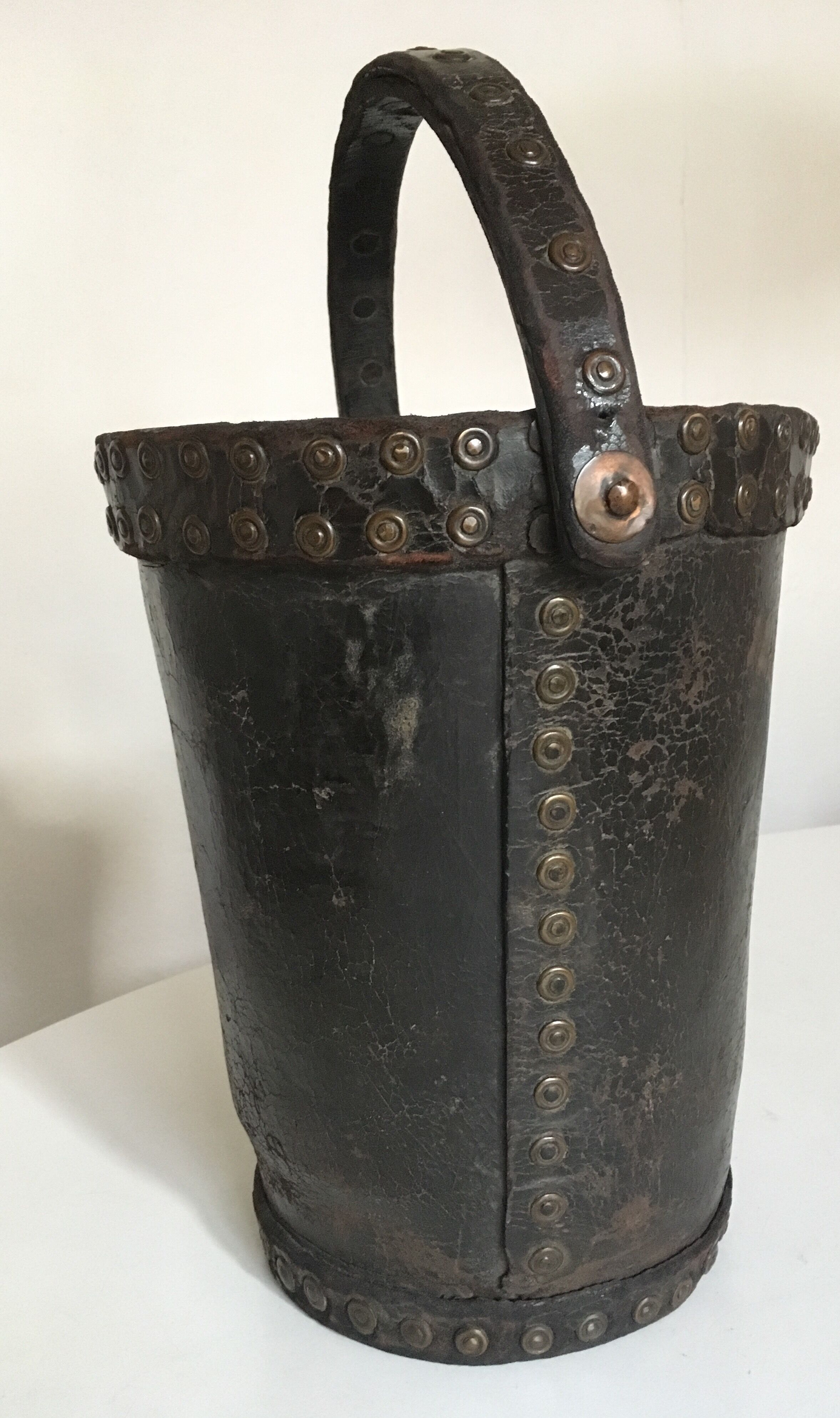 Brutalist studded leather wastepaper basket bucket 1920