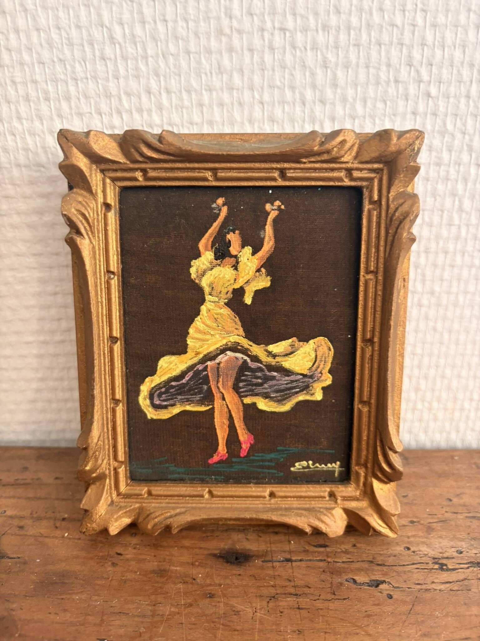 Miniature Flamenco Dancer Tableau Yellow Costume Signed Sluys 1950