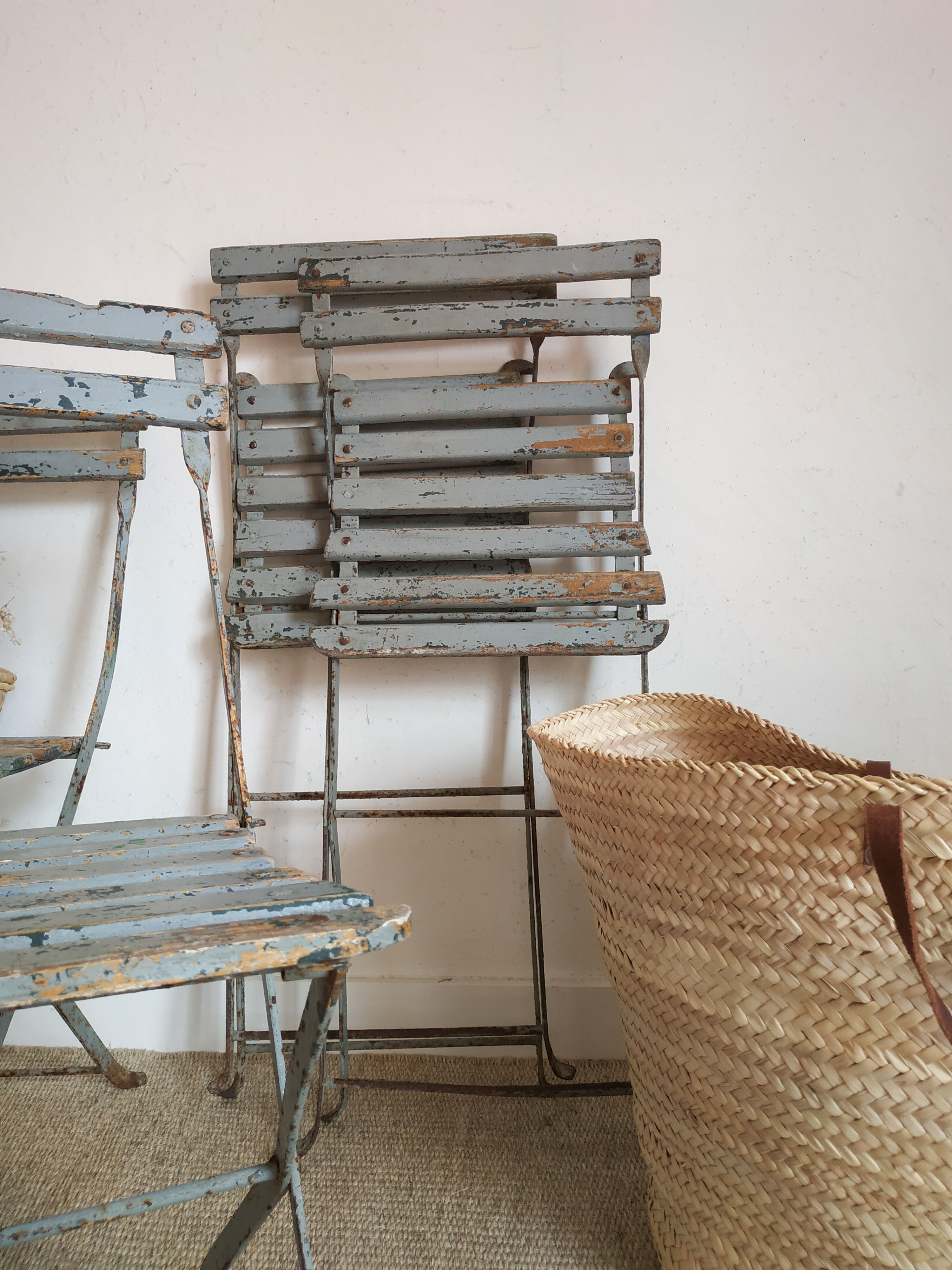 Patinated garden folding chairs - metal and wood -