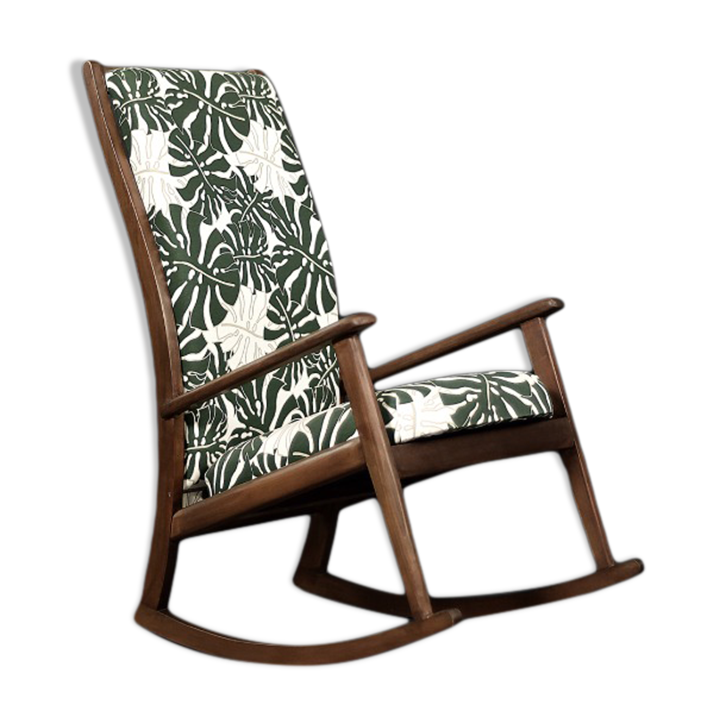 Vintage Mid-Century Danish Modern Rocking Chair in Wood and Monstera Leaf Pattern Fabric, 1960s