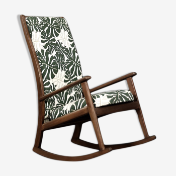 Vintage Mid-Century Danish Modern Rocking Chair in Wood and Monstera Leaf Pattern Fabric, 1960s