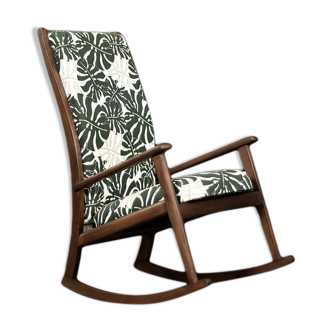 Rocking-chair moderne danoise vintage du milieu du siècle en bois et tissu à motif de feuille Monstera, années 1960