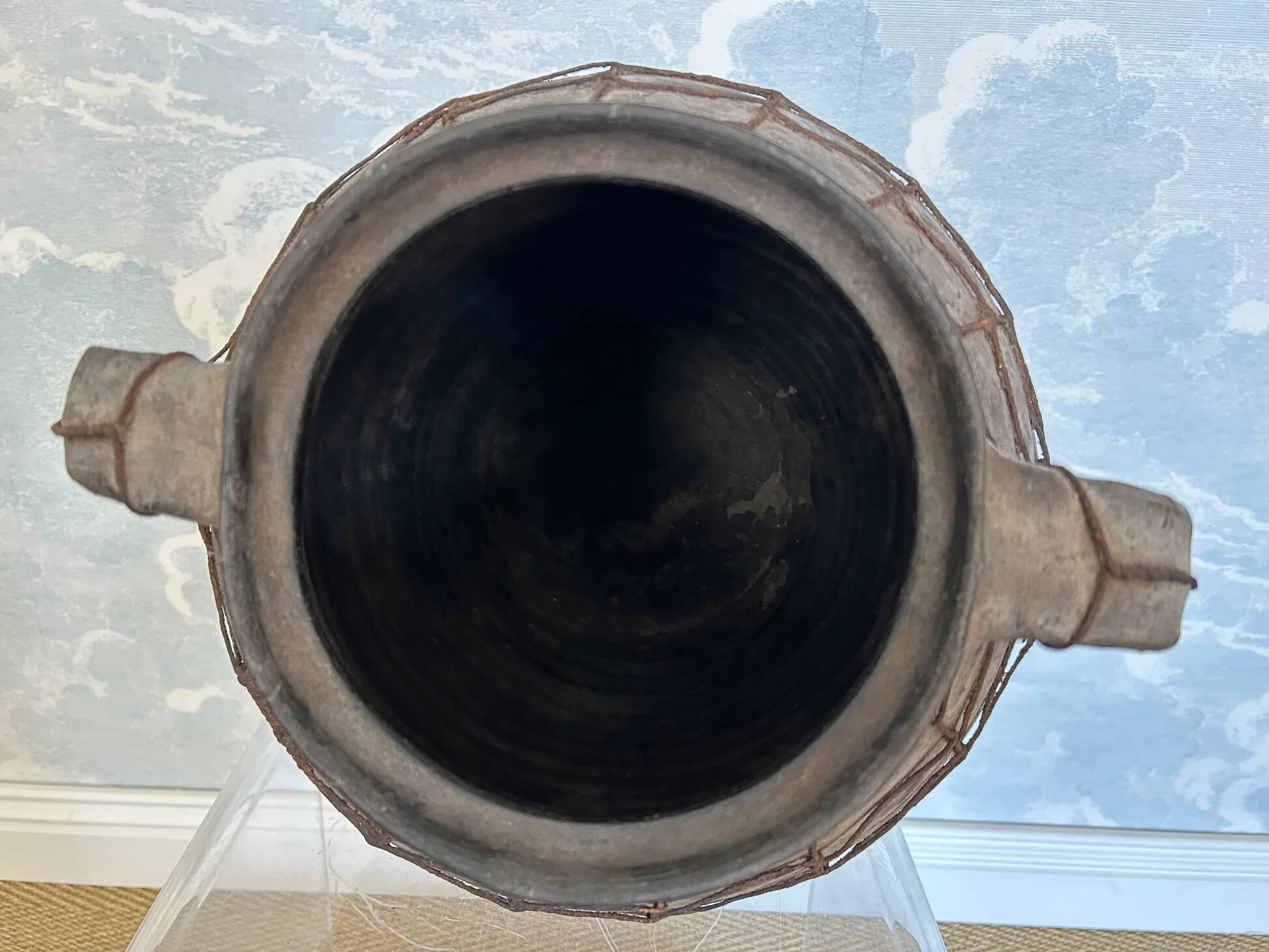 Artisan clay amphora with wire mesh, Romania, circa 1950