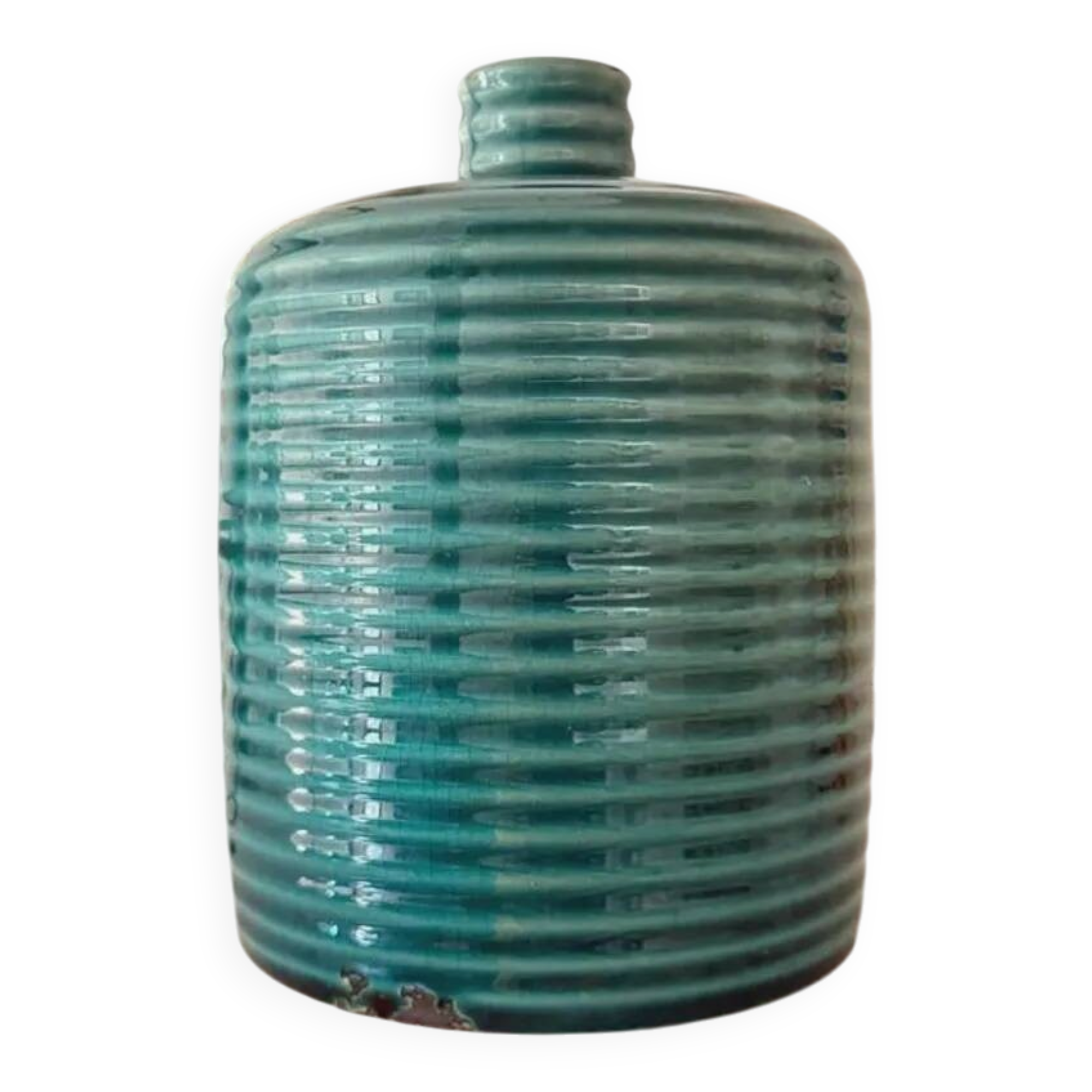 Duck blue ribbed glazed ceramic bottle vase – Mid-Century style