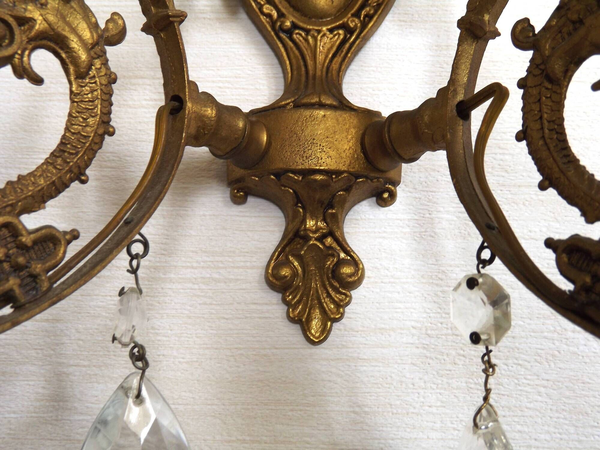 French Vintage Double Bronze & Crystal Wall Light - Stylized Dolphin Detail