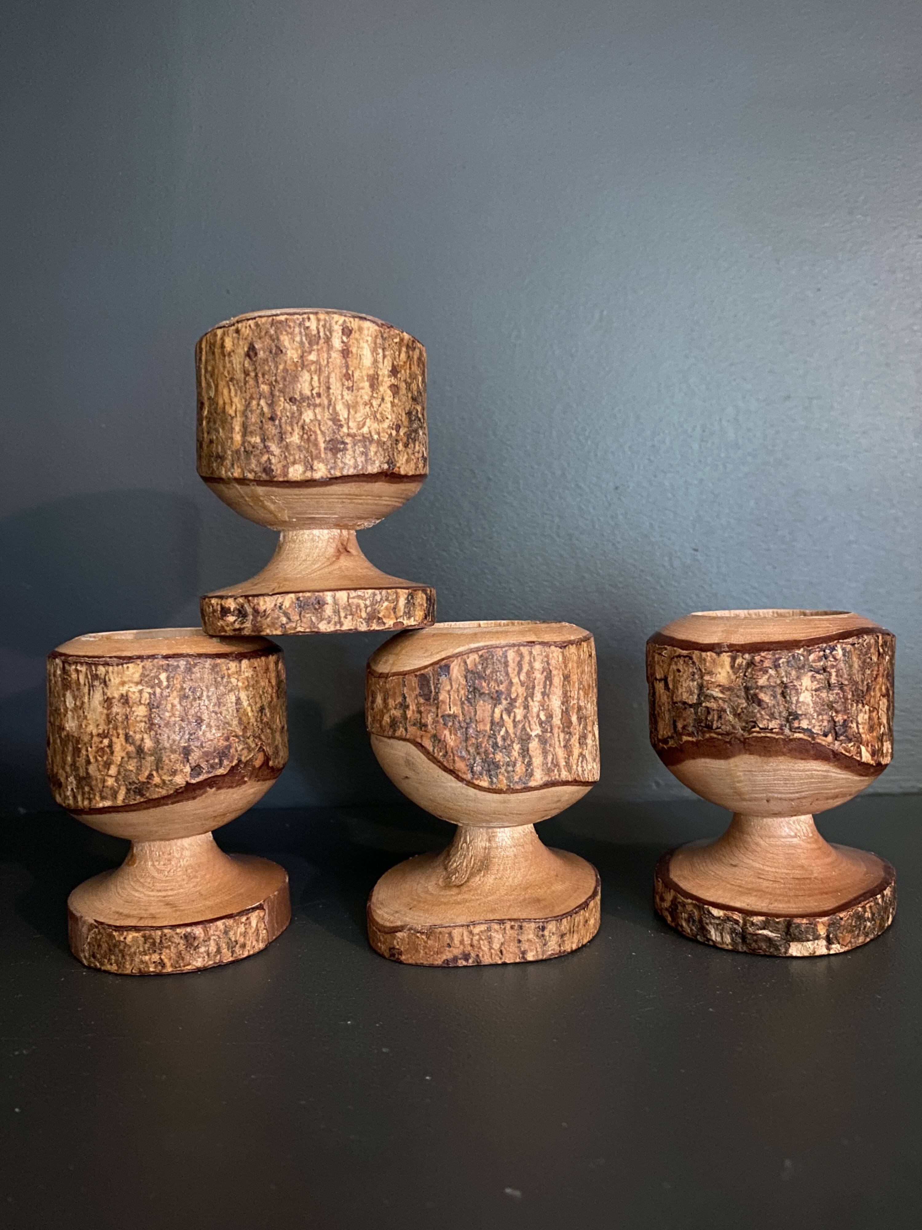 Brutalist egg cups in vintage raw solid wood