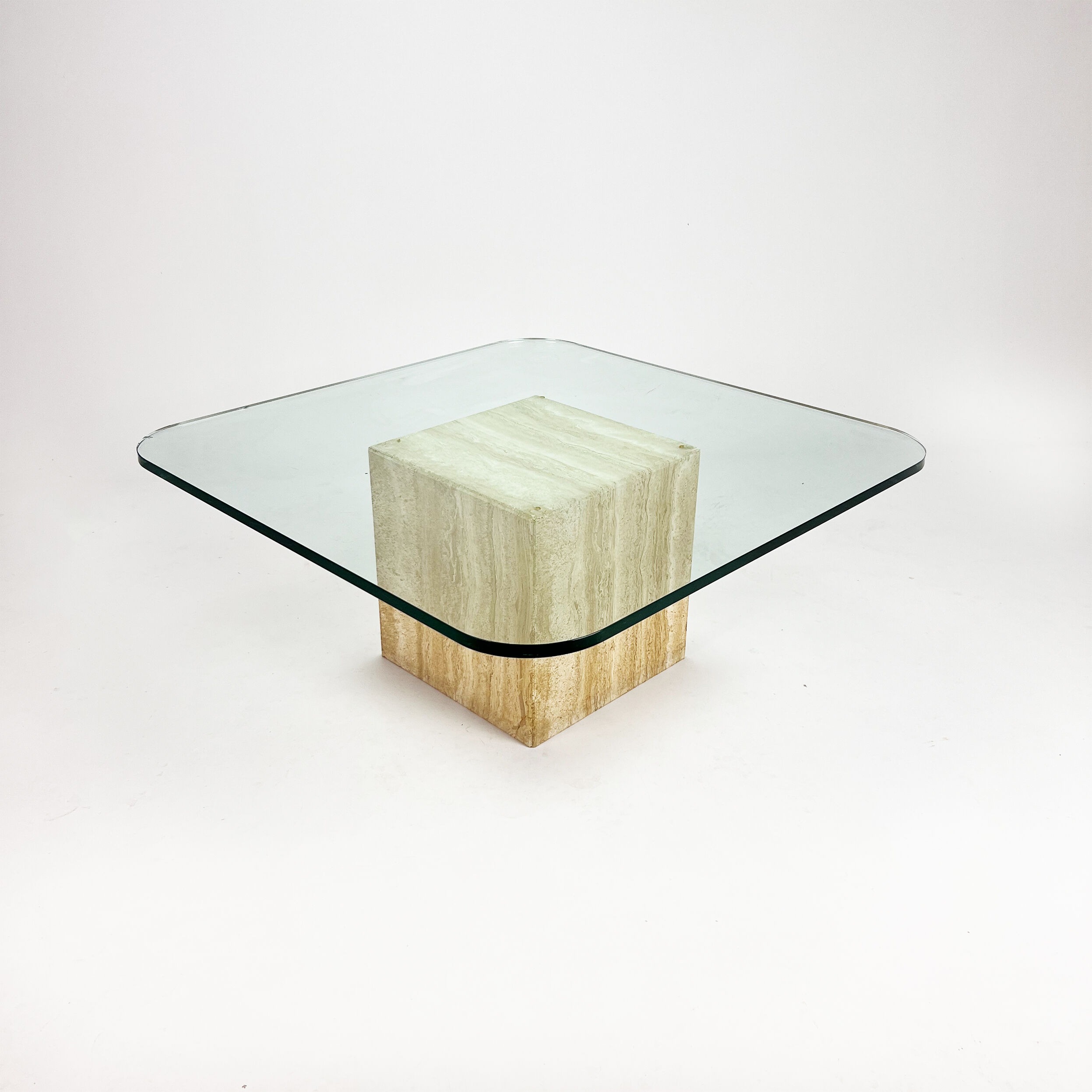 Mid century handmade glass coffee table with travertine base, 1960s