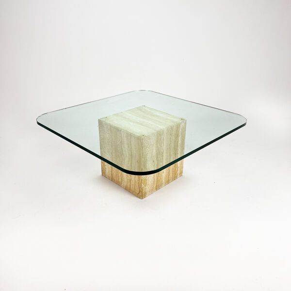 Table basse en verre faite à la main du milieu du siècle avec base en travertin, années 1960
