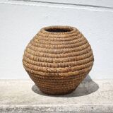 Old basket, burgundy straw and bramble, woven basket, interior decoration