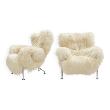 Paire de fauteuils PL19 par Franco Albini pour Cassina en fourrure mongole, Italie