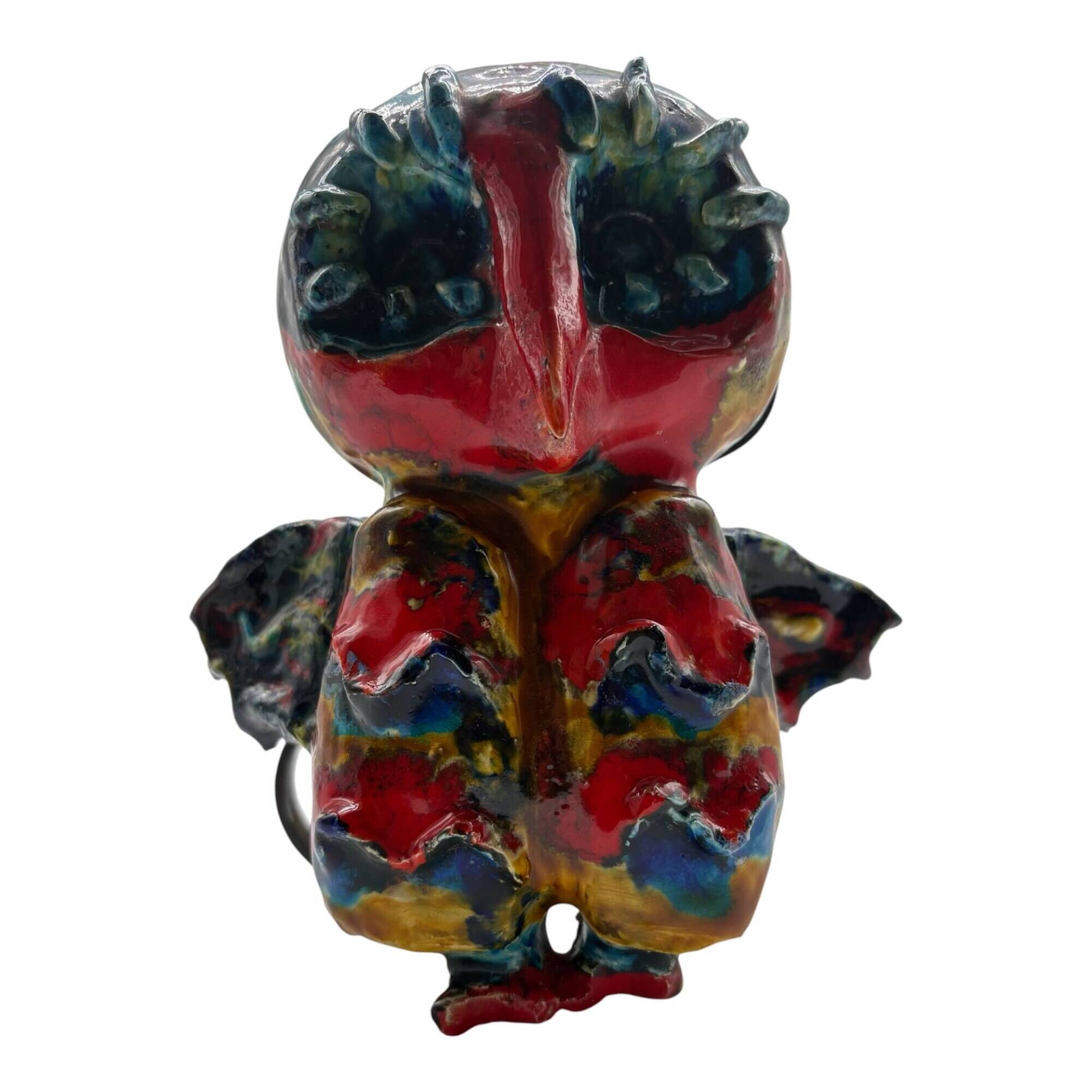 Owl Sculpture in Glazed Ceramic Dated 1991 on Wrought Iron Base