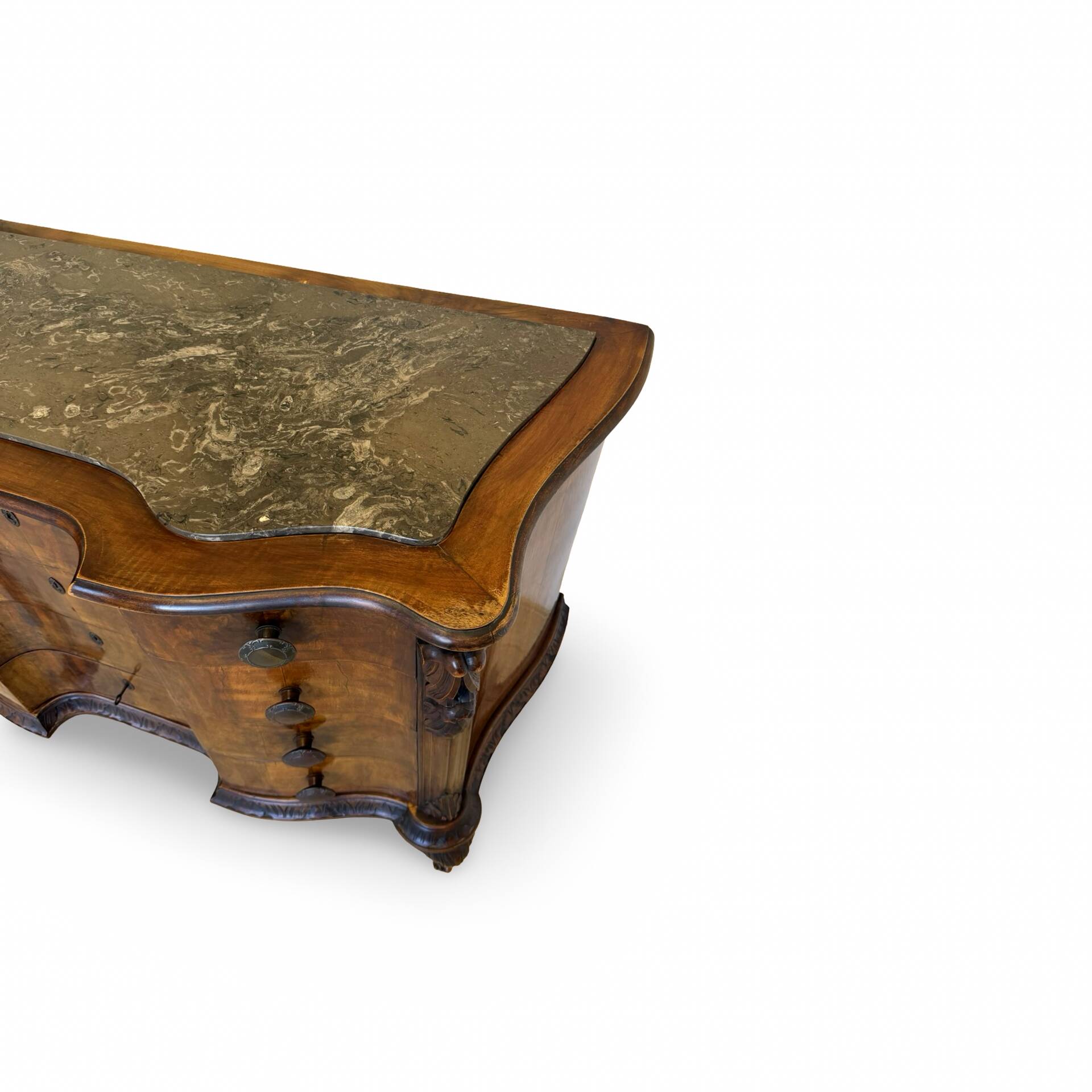 serpentine commode in antique walnut