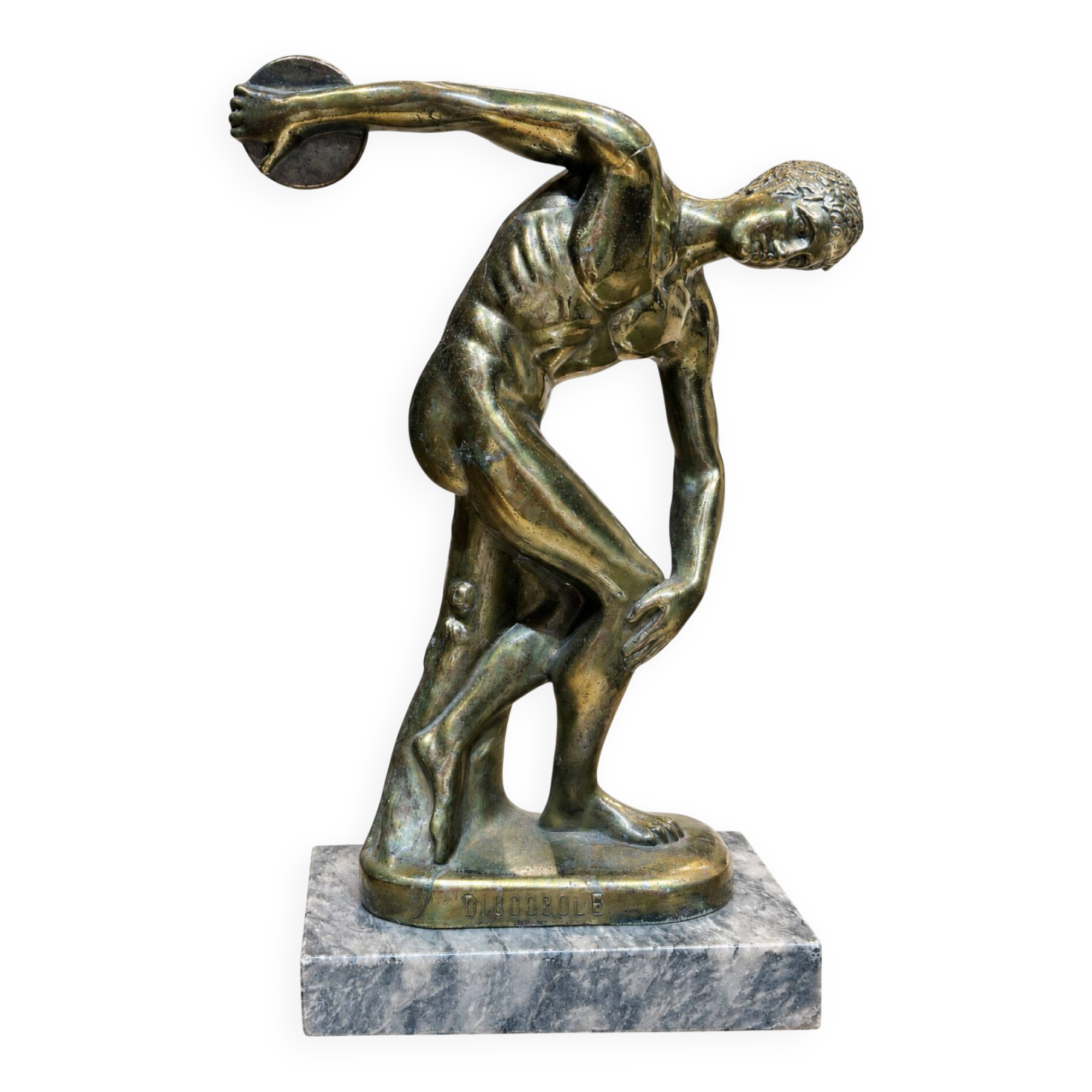 Discobole Metame, sculpture de style Art déco à patine bronze sur socl