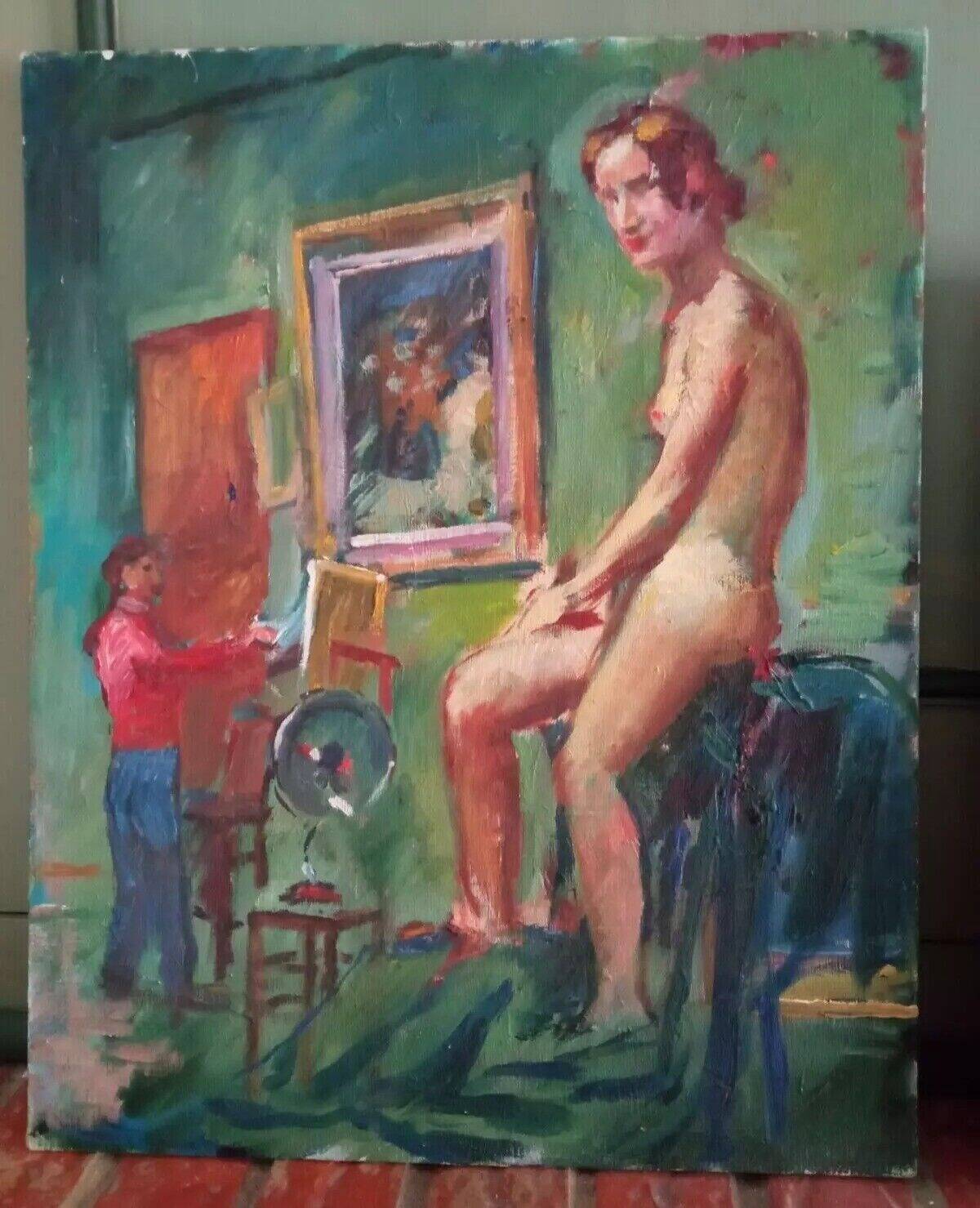 Antique oil painting portrait artist and Nude Model in Studio 20th century