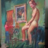 Antique oil painting portrait artist and Nude Model in Studio 20th century