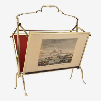 Vintage brass magazine rack, with etchings, foldable, 1940`s ca, French