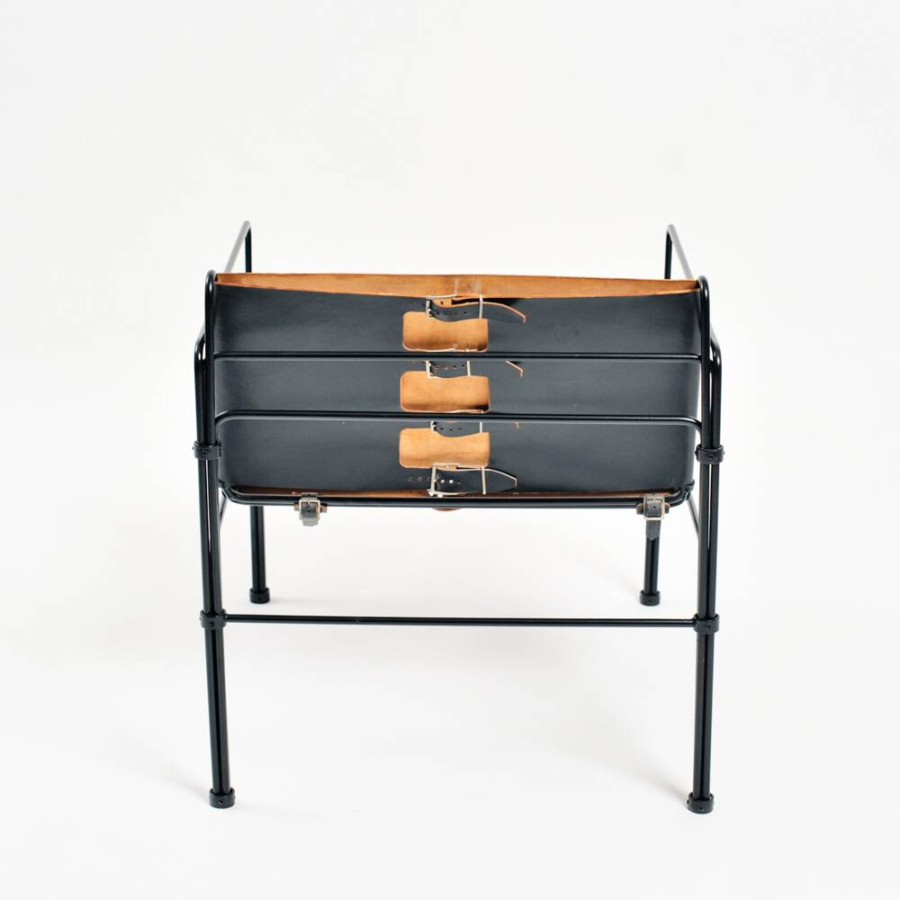 Black modernist design lounge set by Jan van Opzeeland in leather and steel bar, Netherlands, 1980s