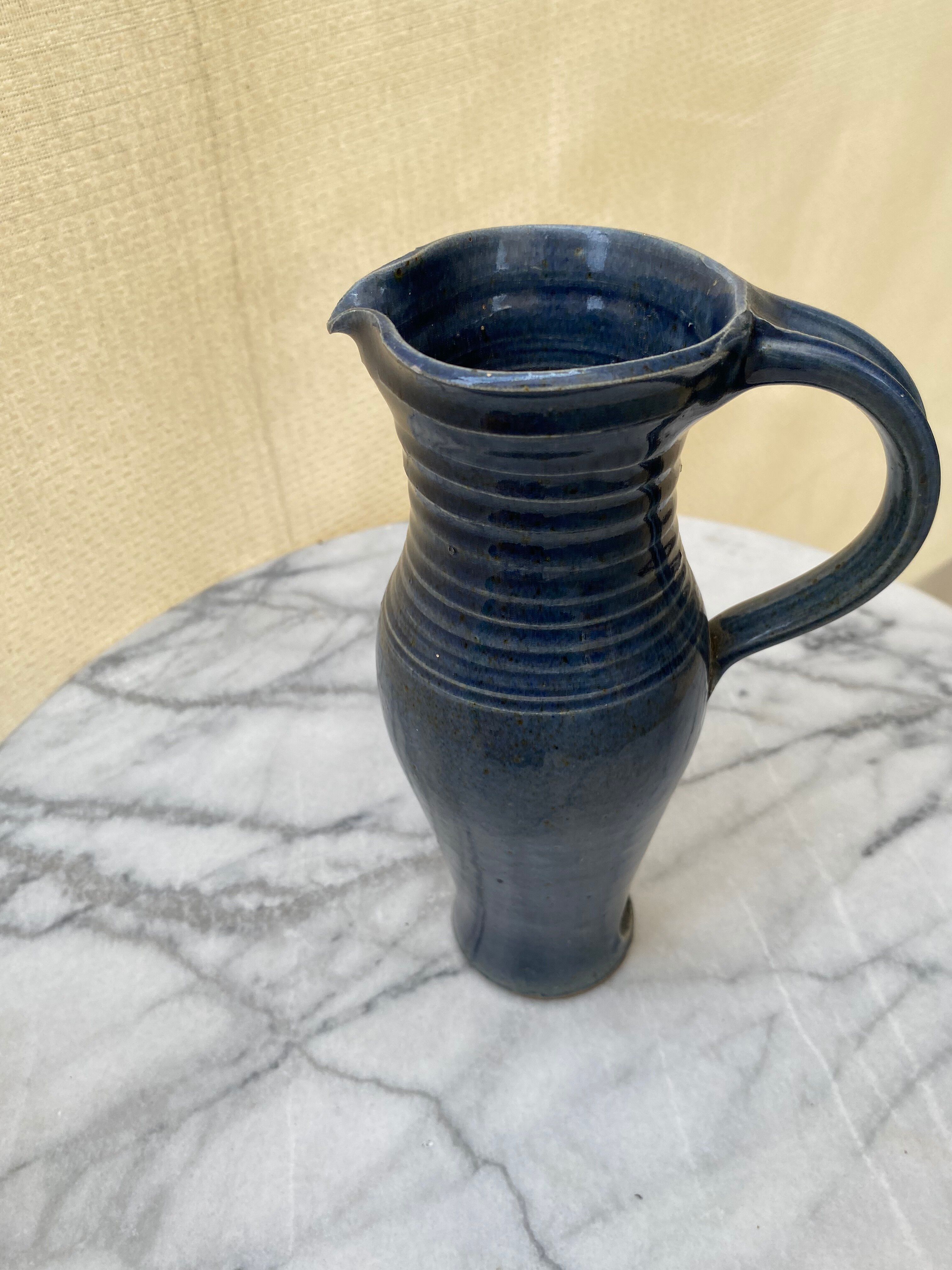 Night Blue Stoneware Carafe – Signed "Belesta" (Artisan Craft)