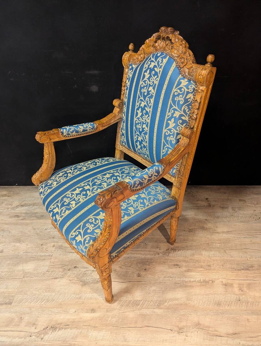 Pair of Louis XV Style Armchairs in Carved Wood and Blue Fabric