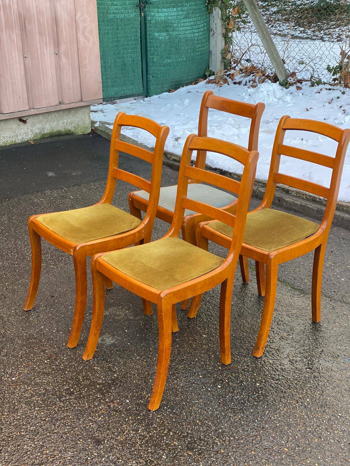 4 solid wood chairs with green and blue velvet suede, Louis Philippe style.