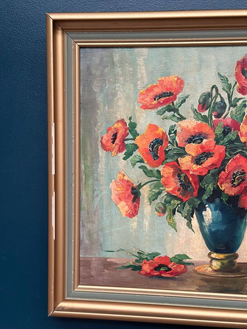 Original Swedish Oil on Canvas – "Red Poppies in a Blue Vase" by C. Horst – Signed – Vintage and Framed – 72 × 62 cm (28.3" × 24.4")