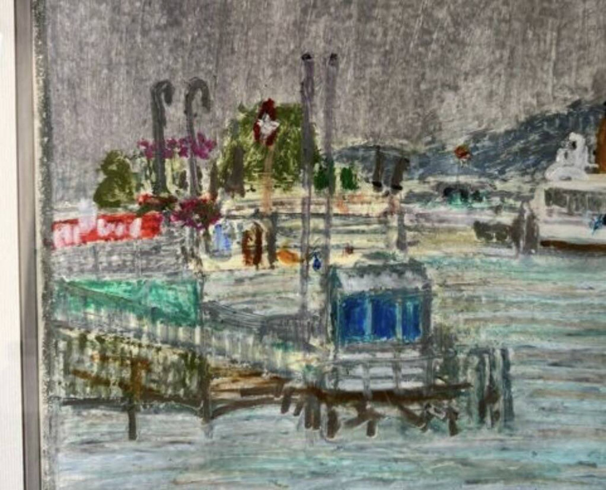 Tableau Marine. Original pastel signed by Henri Reiter. Port Normandie.