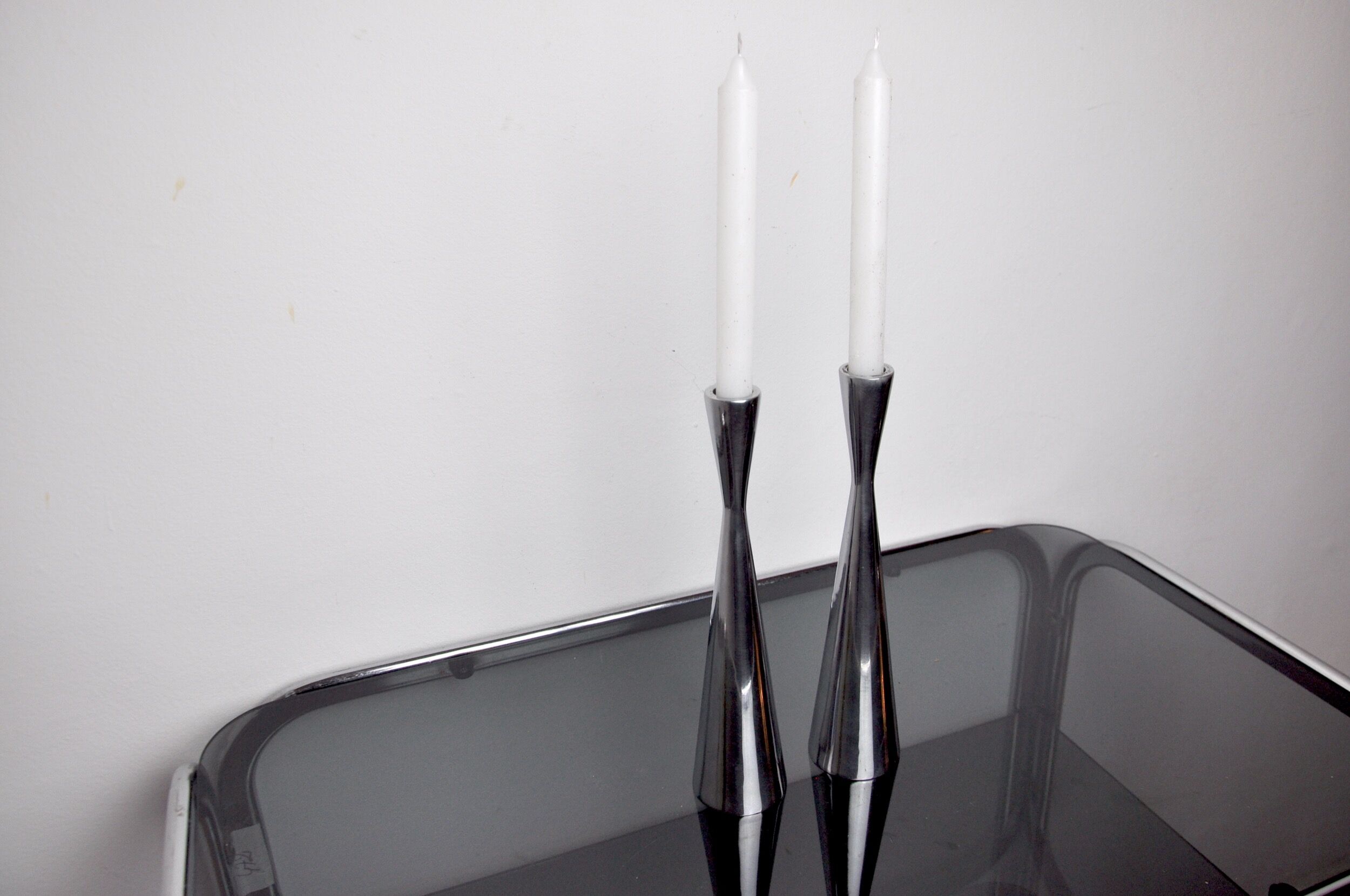 Pair of scandinavian diabolo candle holders, aluminum, sweden, 1970
