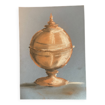 Tableau signé Pastel terracotta « bonbonnière terre cuite » papier indigo