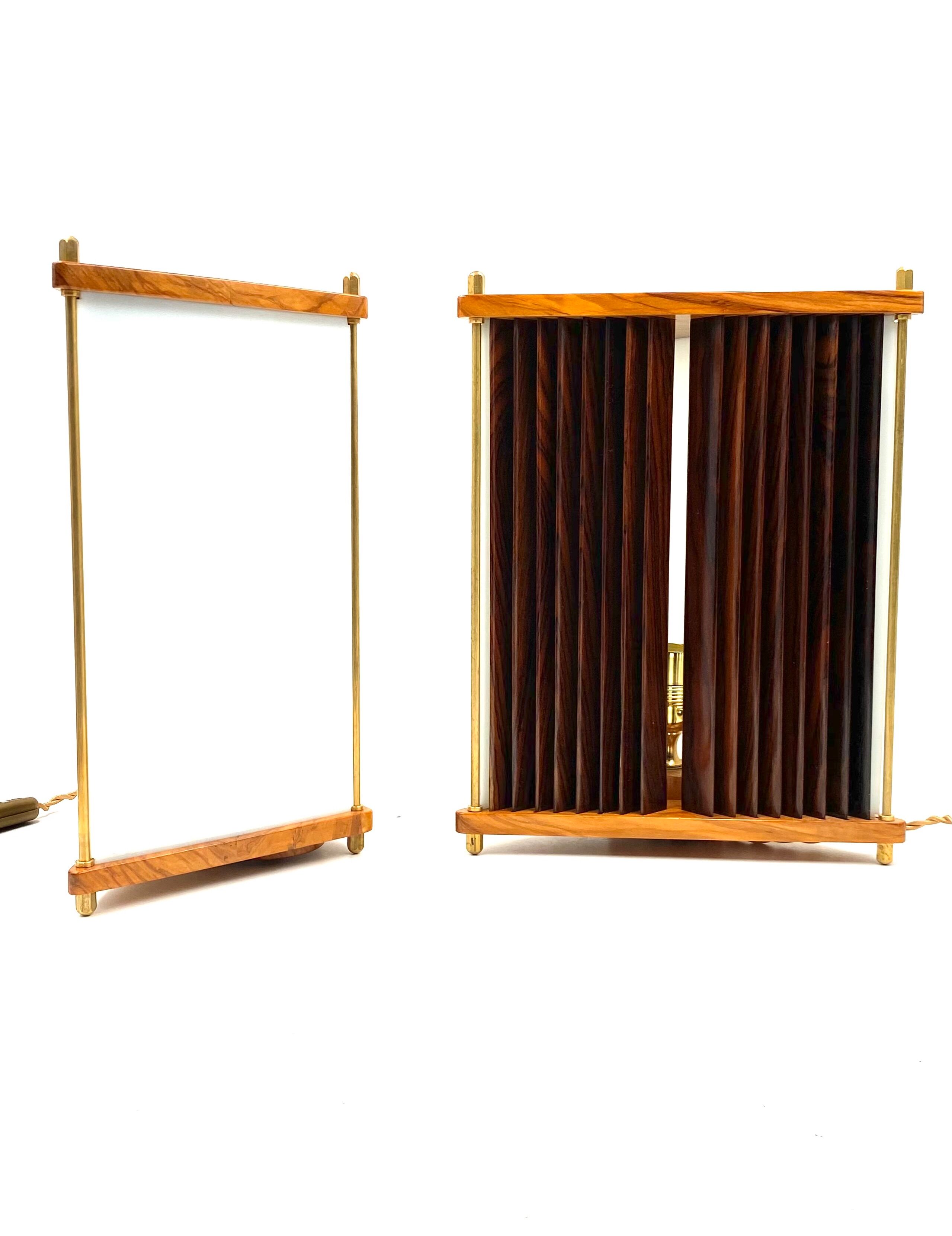 Leonardo Mosso 2 palisander and brass table lamps, Italy 1970s
