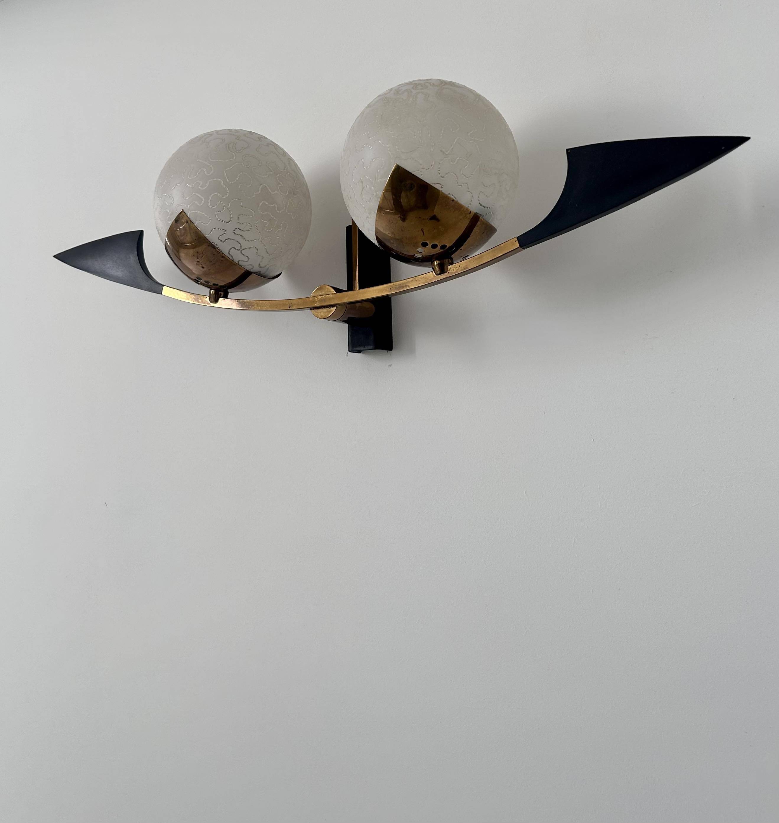 Vintage brass and opaline wall lamp, Arlus, France 1960s