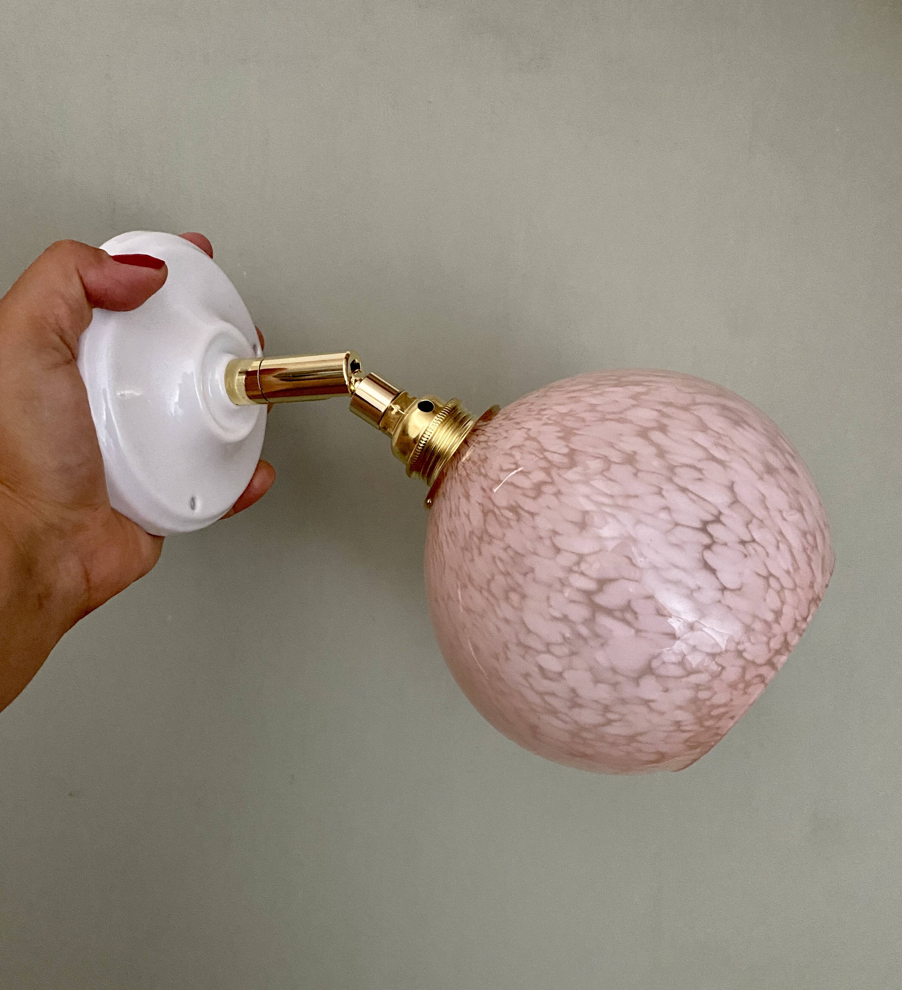 Vintage pink Clichy glass globe wall light