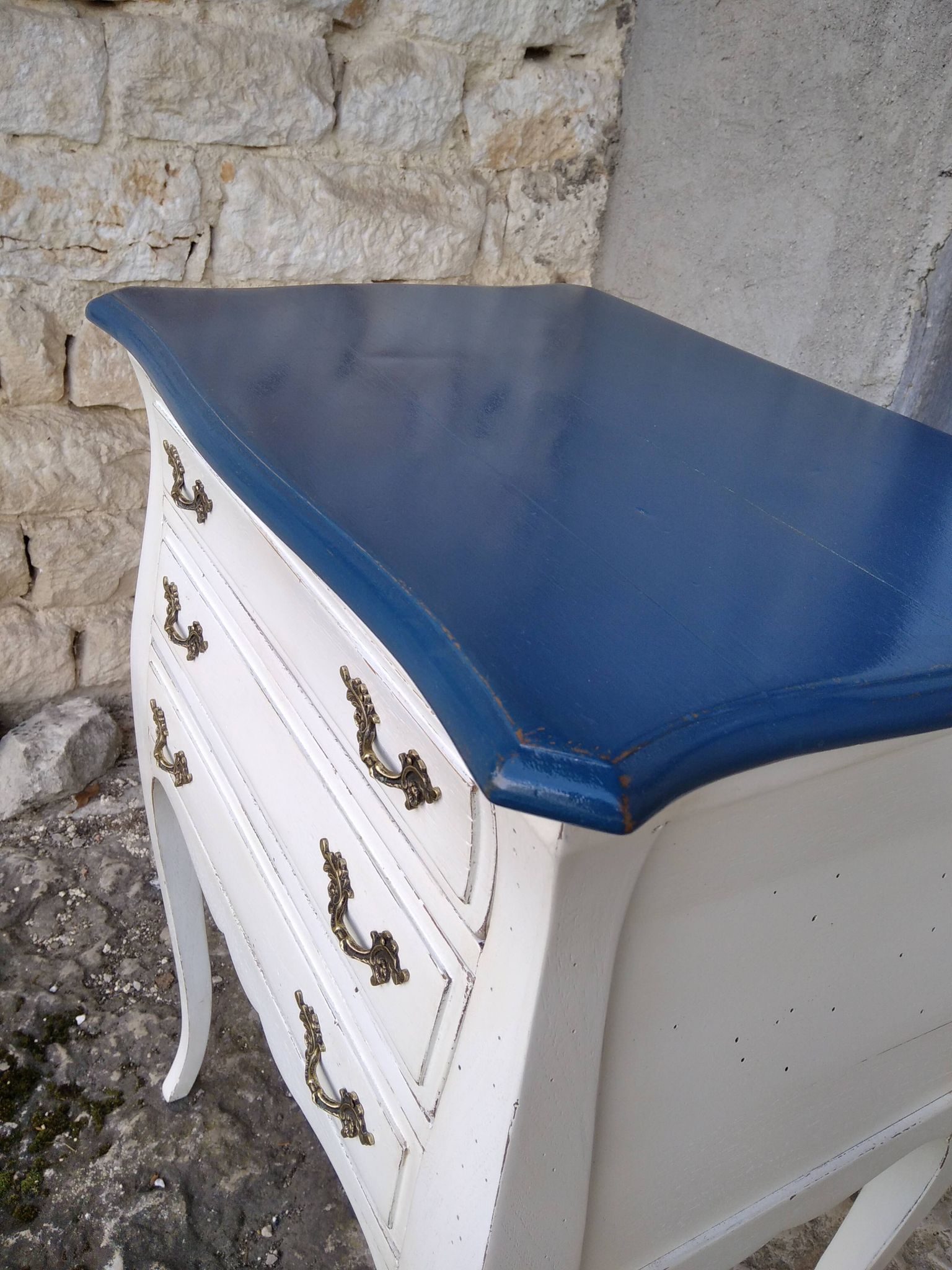 Louis XV three-drawer chest of drawers with white and blue patina