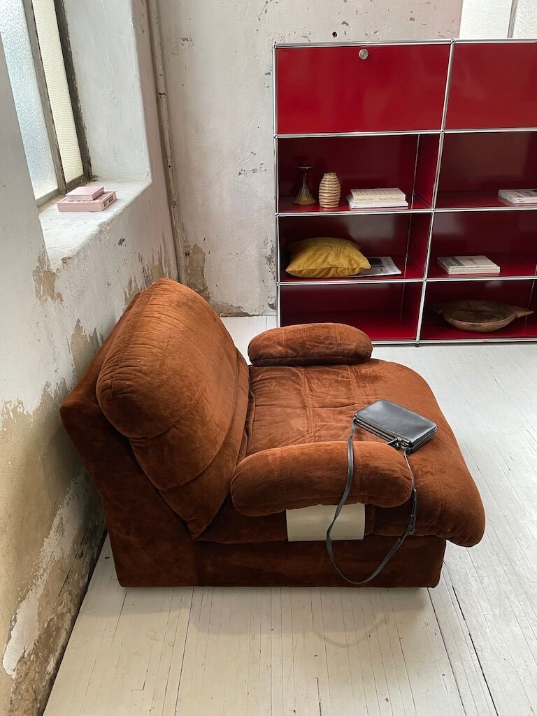 Pair 70s brown velvet armchairs