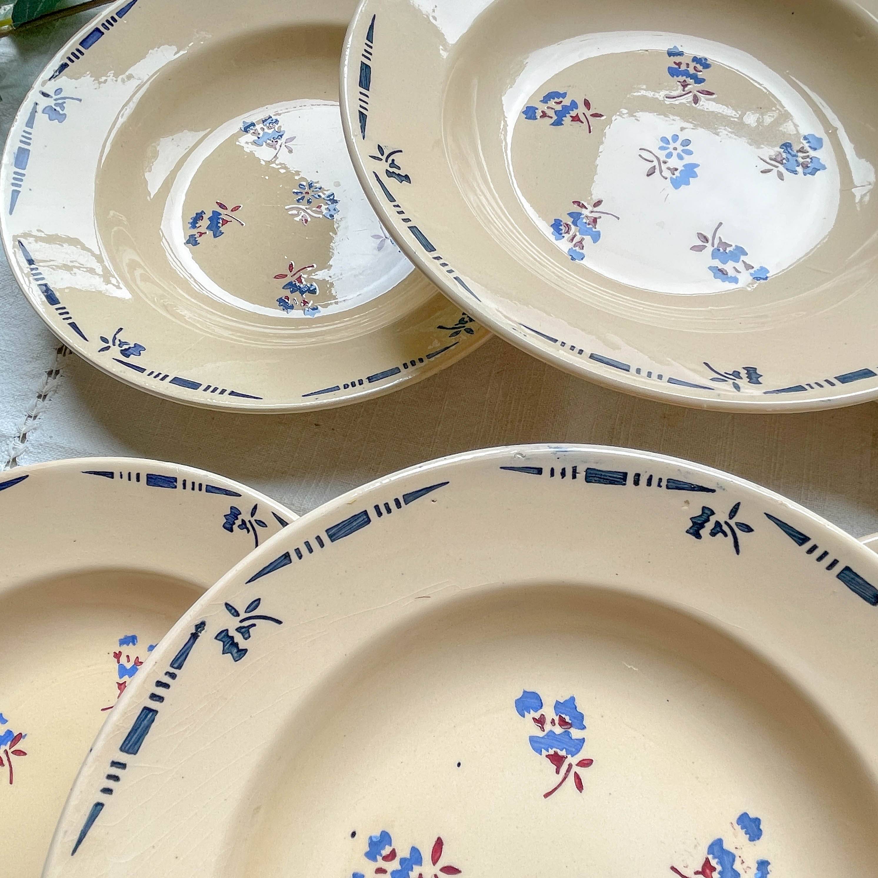 6 vintage K&G Luneville "Flore" porcelain soup plates, 1950s, small blue flowers