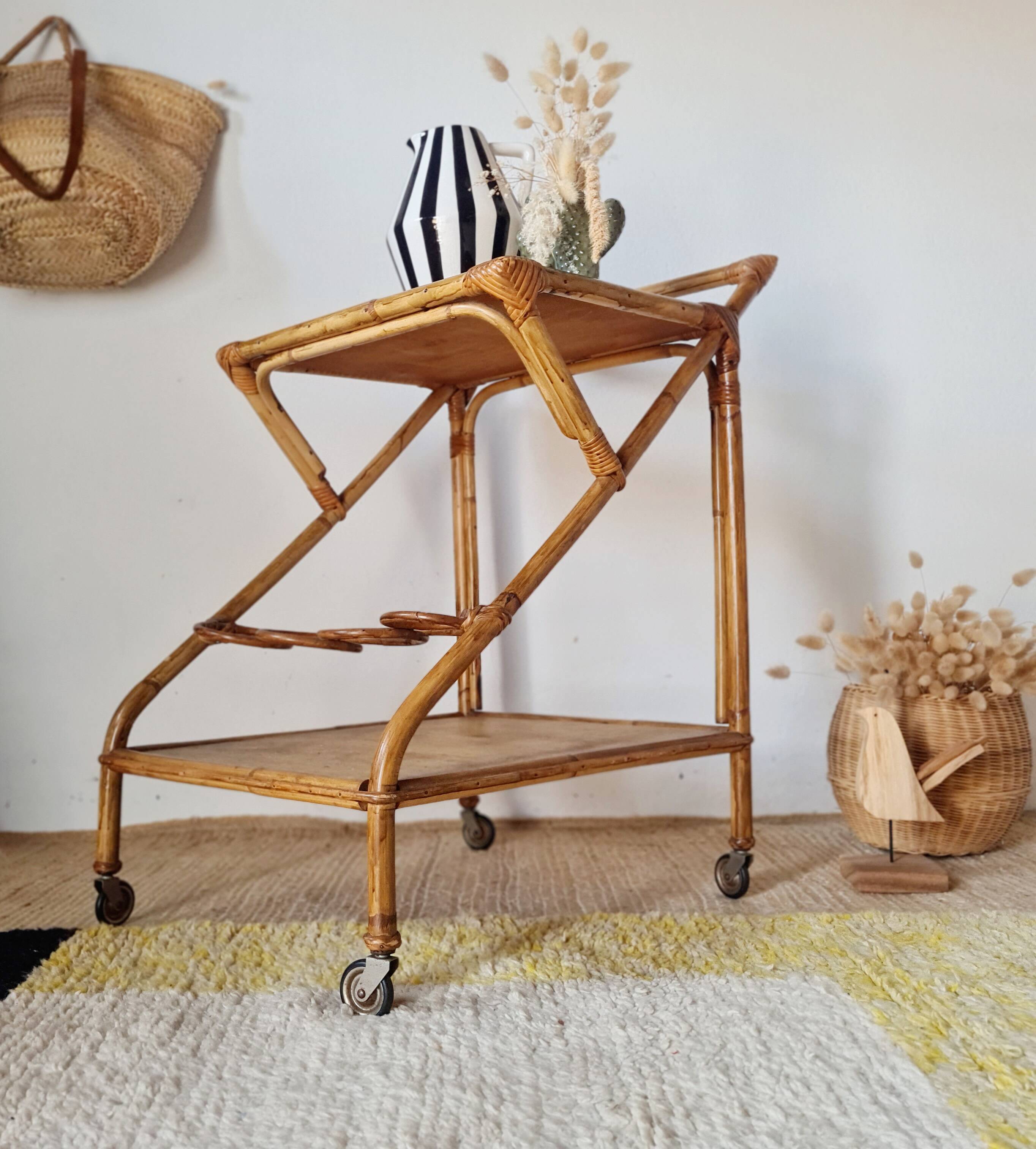 Vintage rattan dessert trolley - double shelves