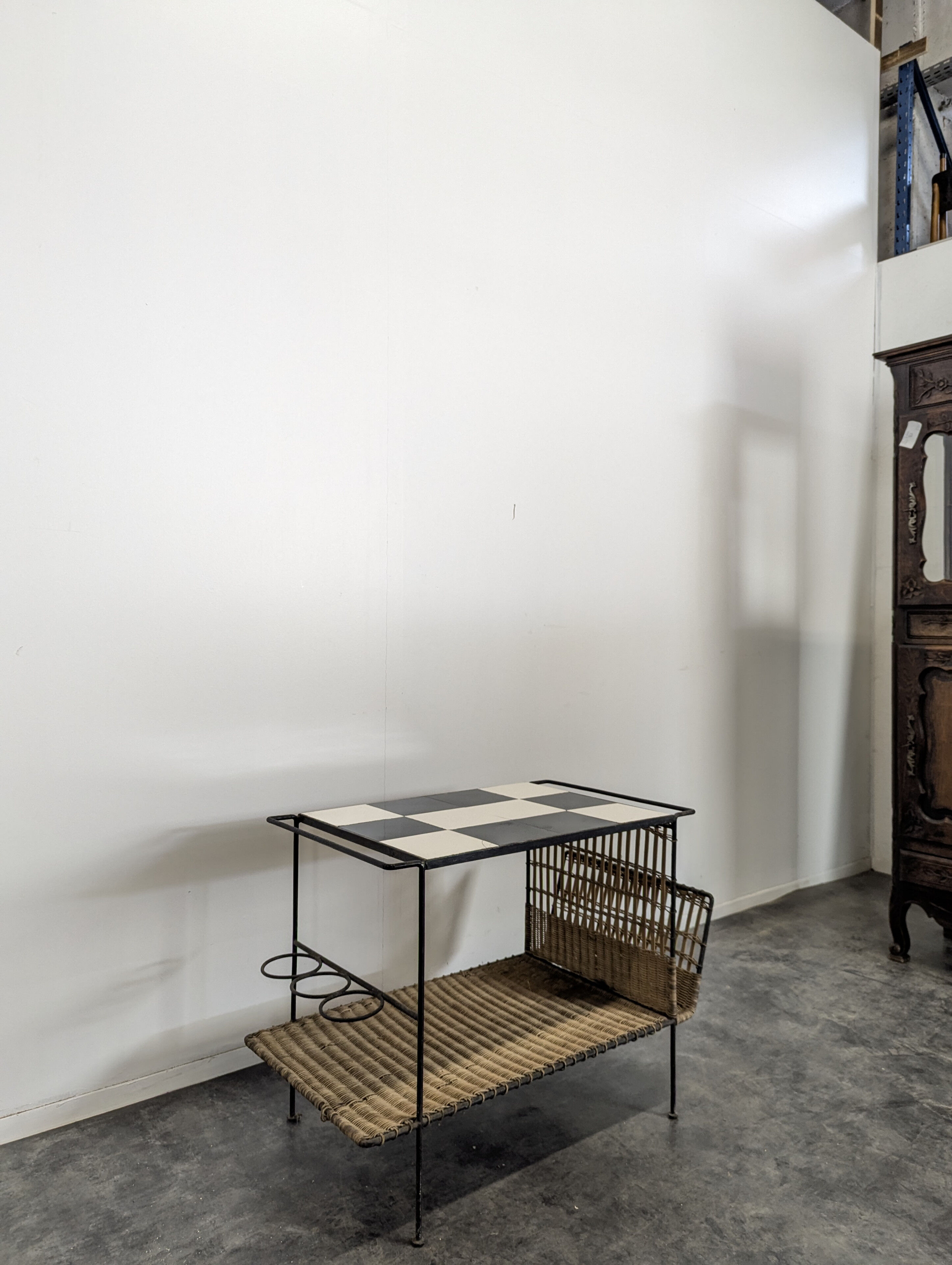 1950s rattan and ceramic coffee table