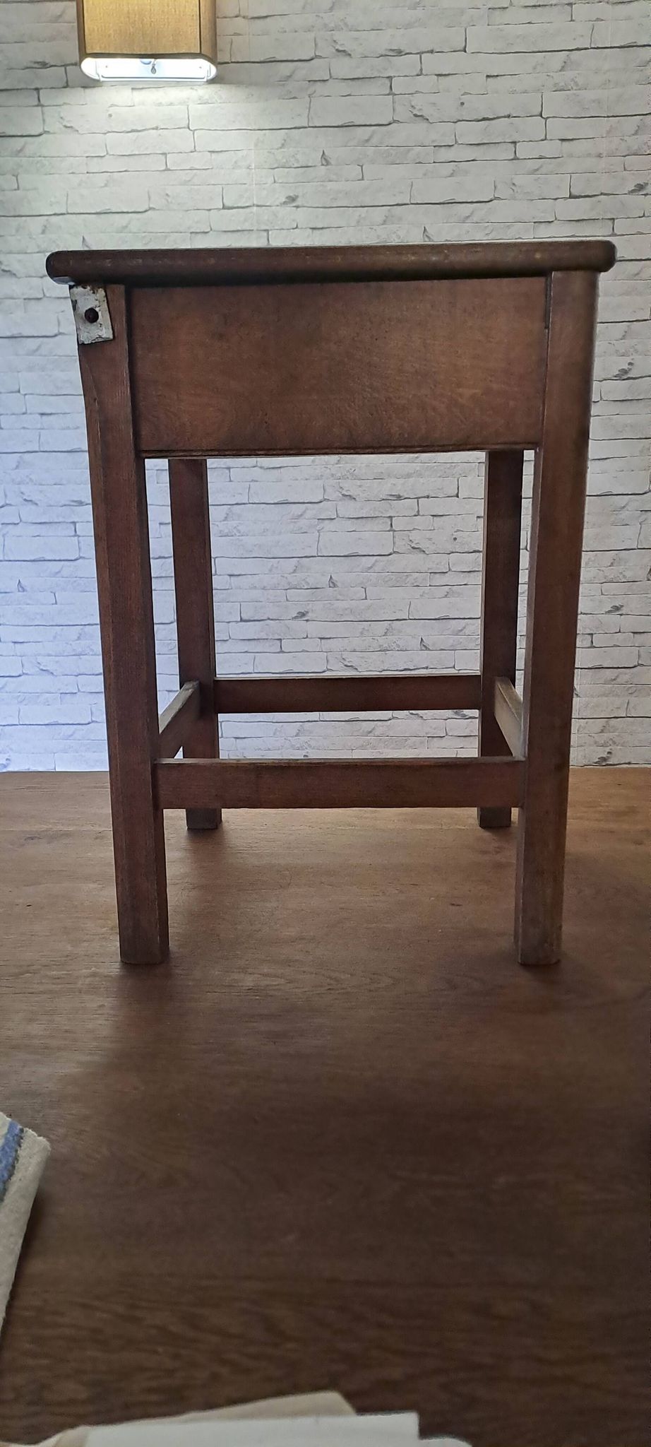 Stained brown wood stool 1940 with locker extra furniture decoration kitchen workshop veranda