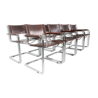 Set of 6 Cantilever armchairs in brown leather S34