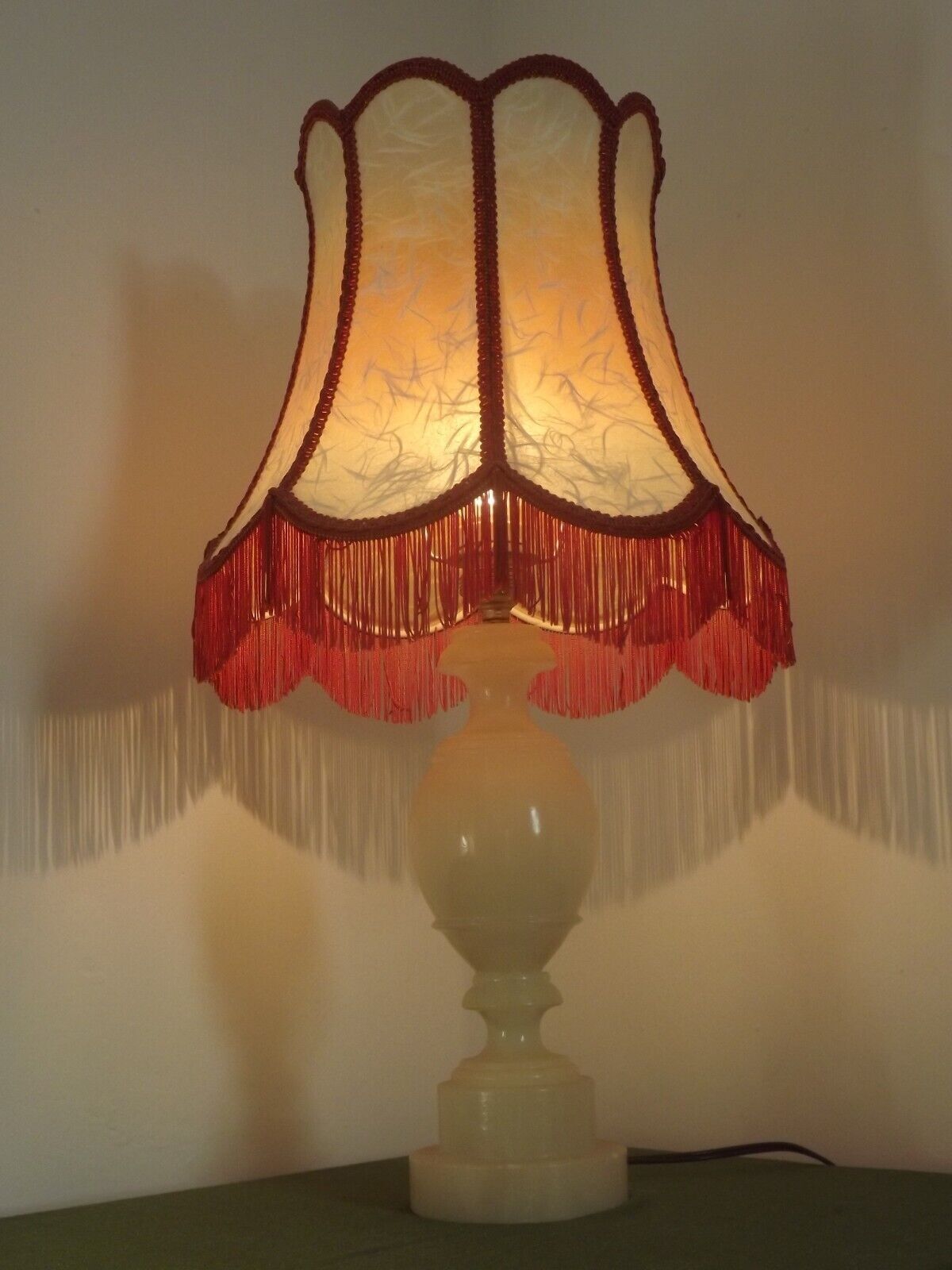 French vintage round marble table lamp with hide skin decorative shade