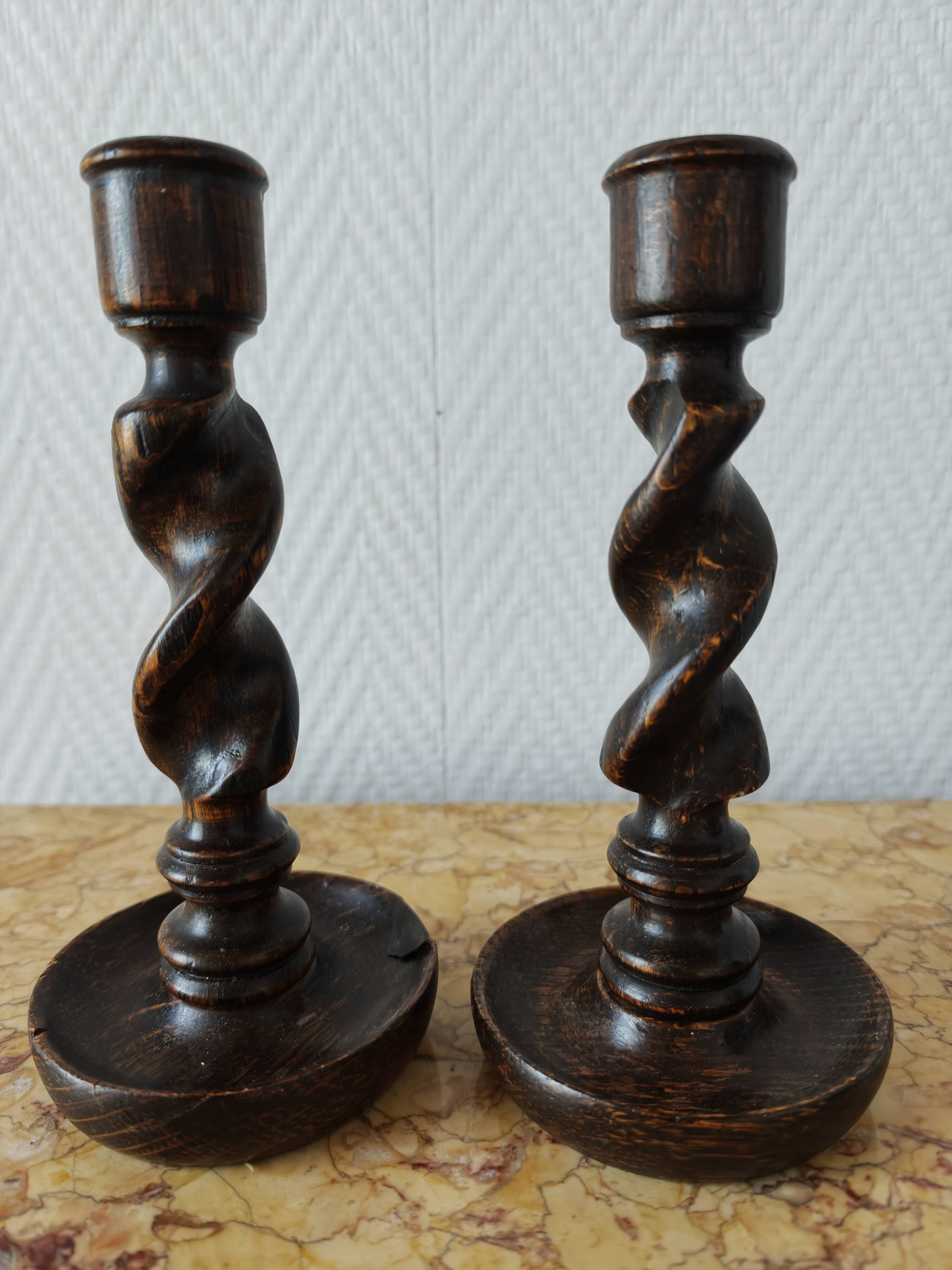 Pair of twisted wood candlesticks (Barley twist)