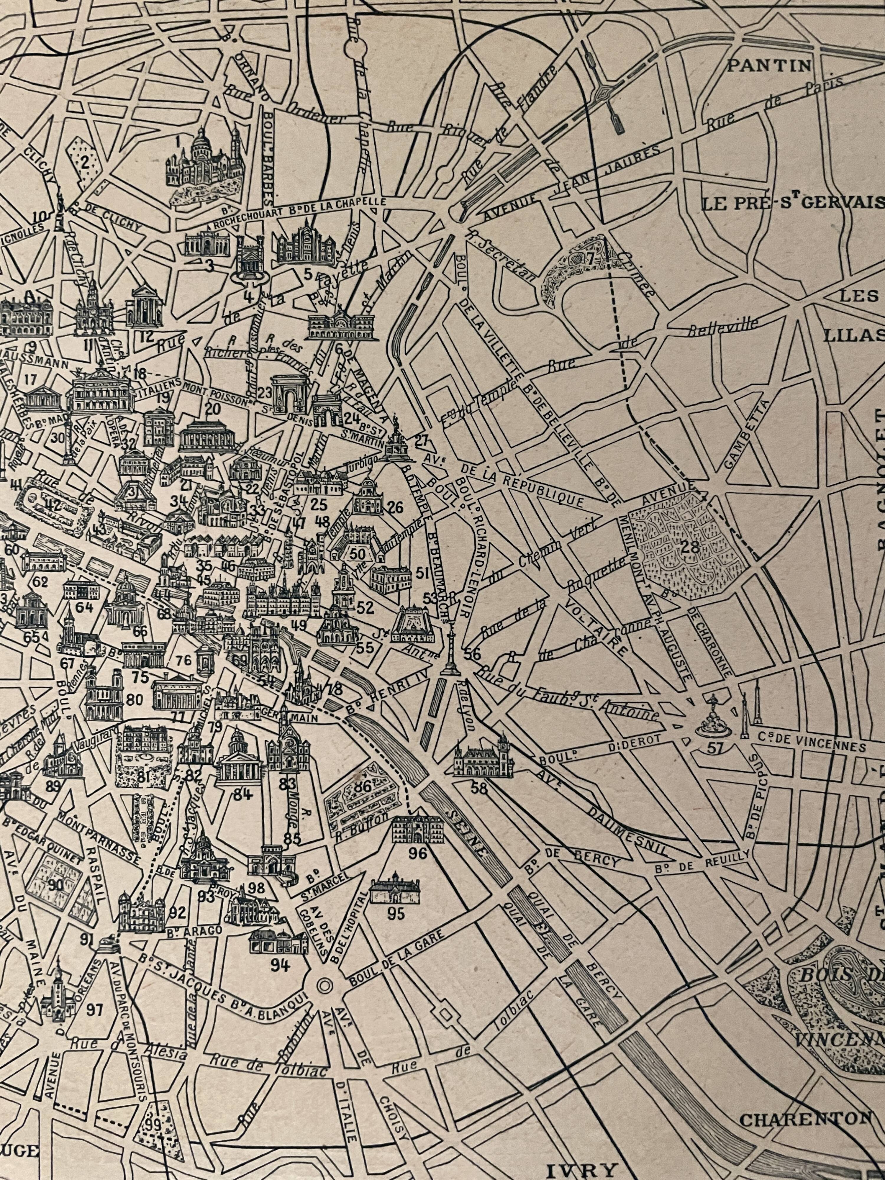 Lithograph map of Paris districts - 1920
