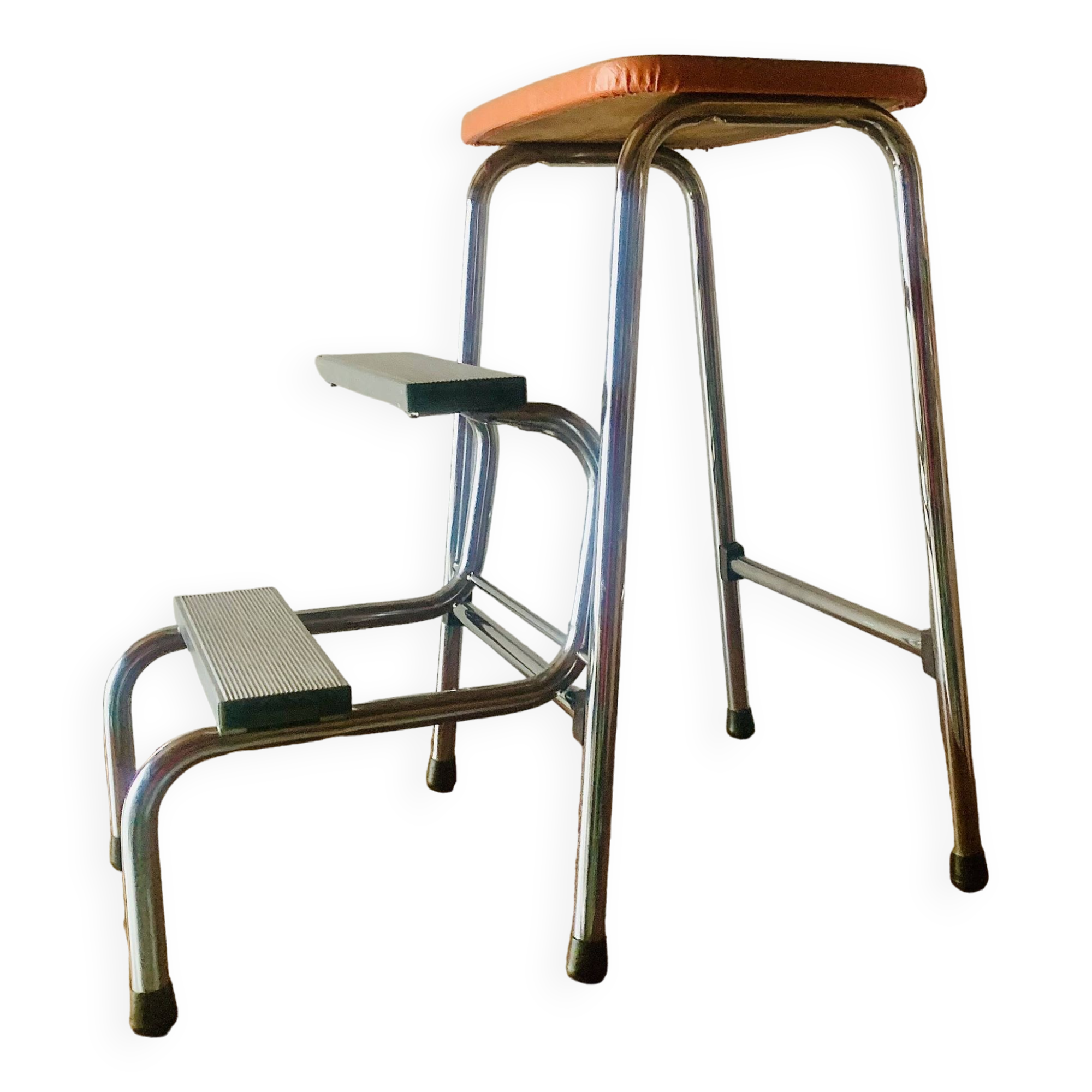 Vintage Brabantia step stool in wood, Skai and chrome metal